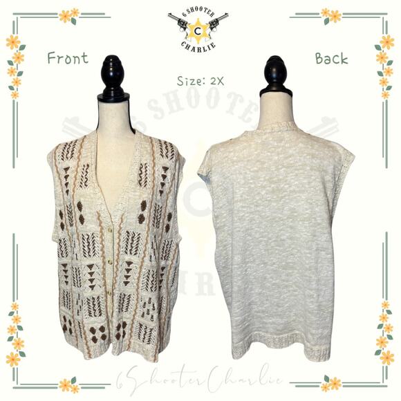 Vintage Y2K Koret Knit Geometric Sweater Vest Cardigan Womens Plus Size 2X Ivory - Picture 1 of 6
